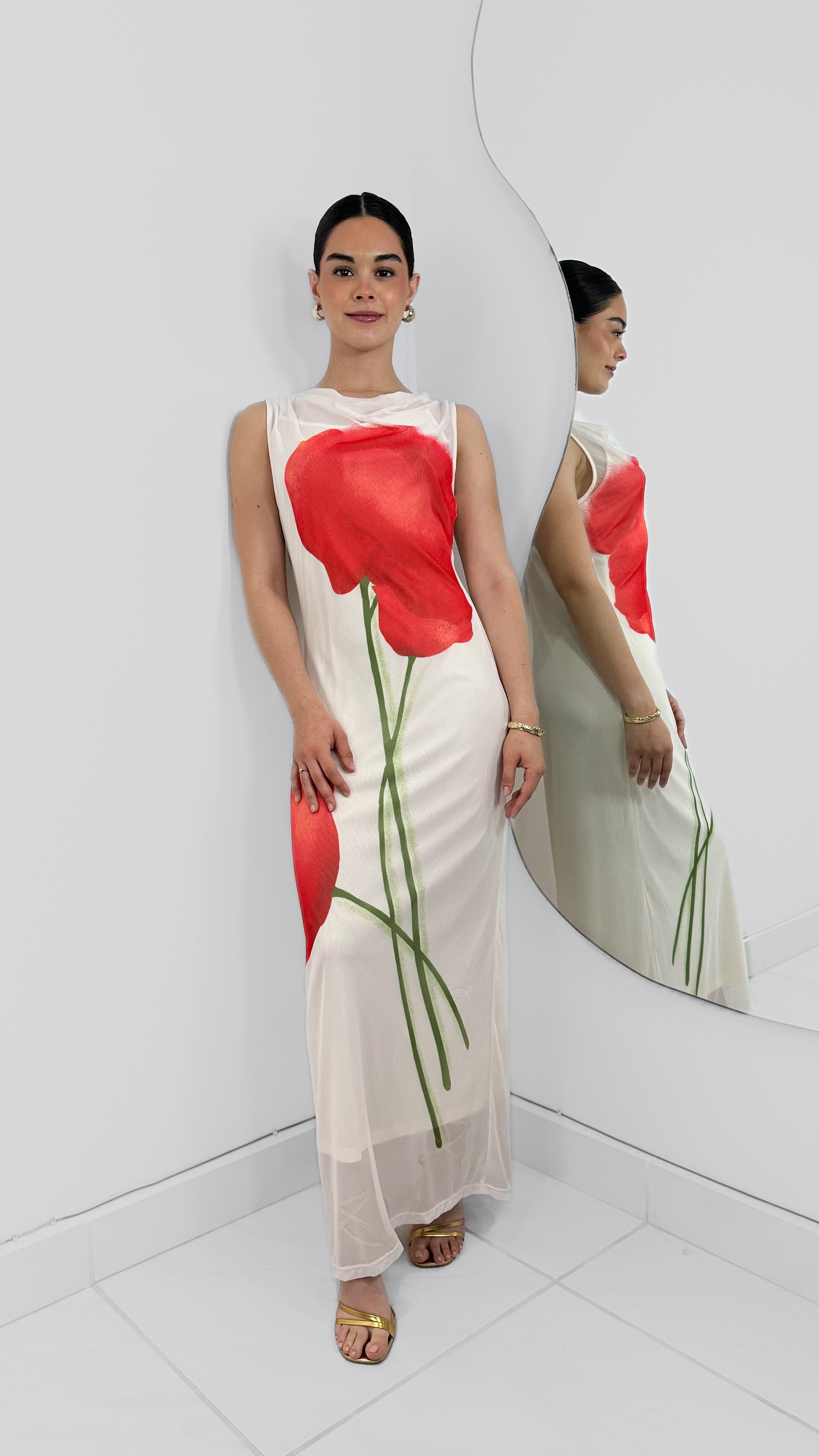 VESTIDO MESH LARGO EFECTO FLOR CON FORRO IVORY