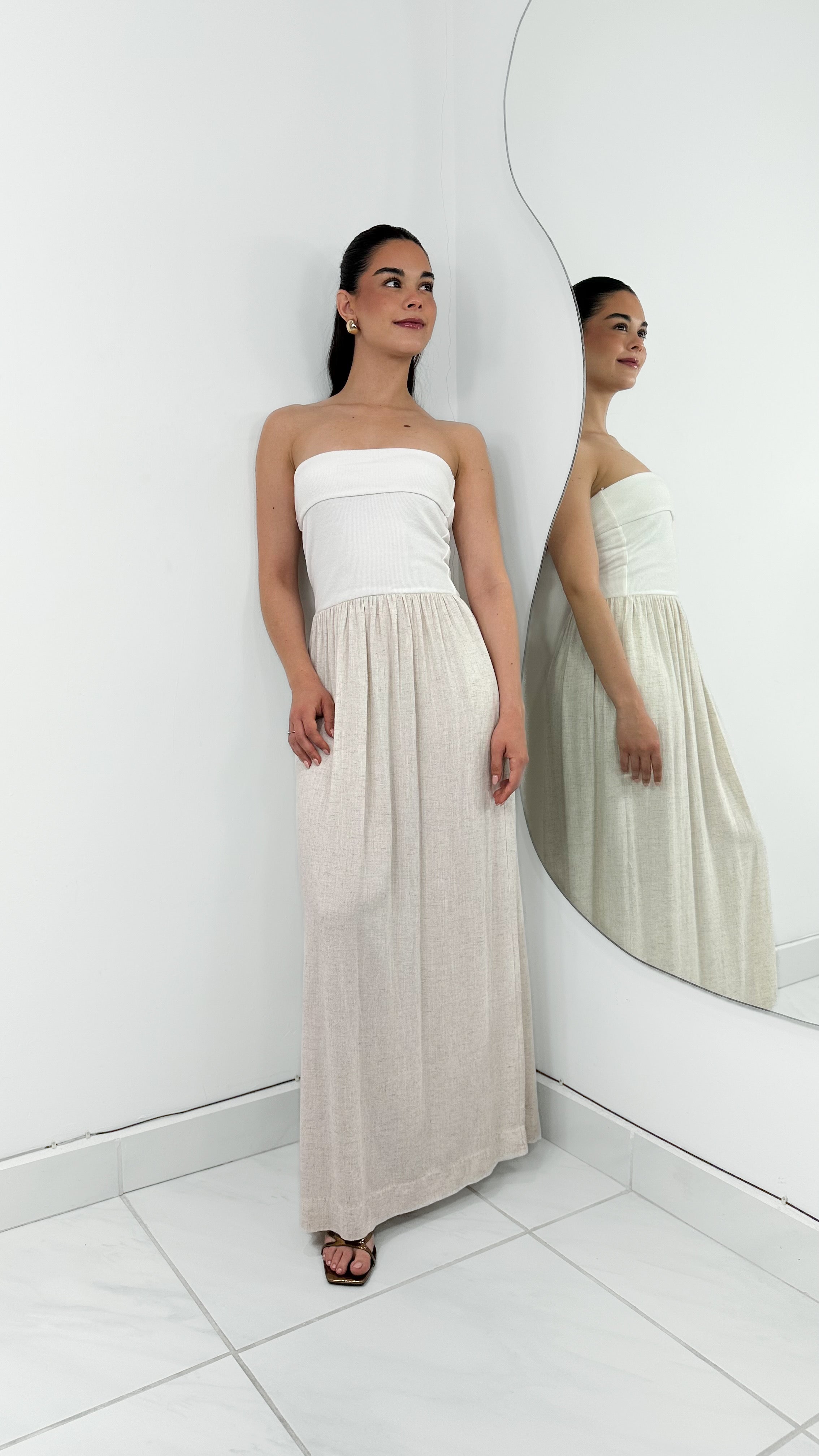 VESTIDO LARGO STRAPLESS IVORY & CREAM