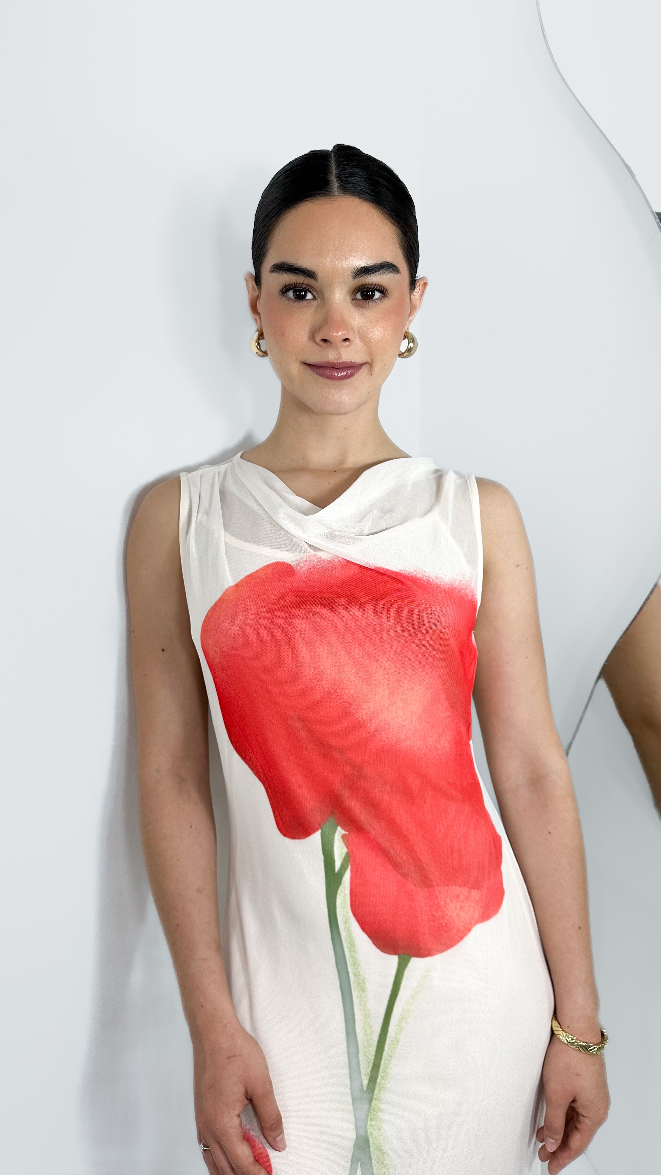 VESTIDO MESH LARGO EFECTO FLOR CON FORRO IVORY