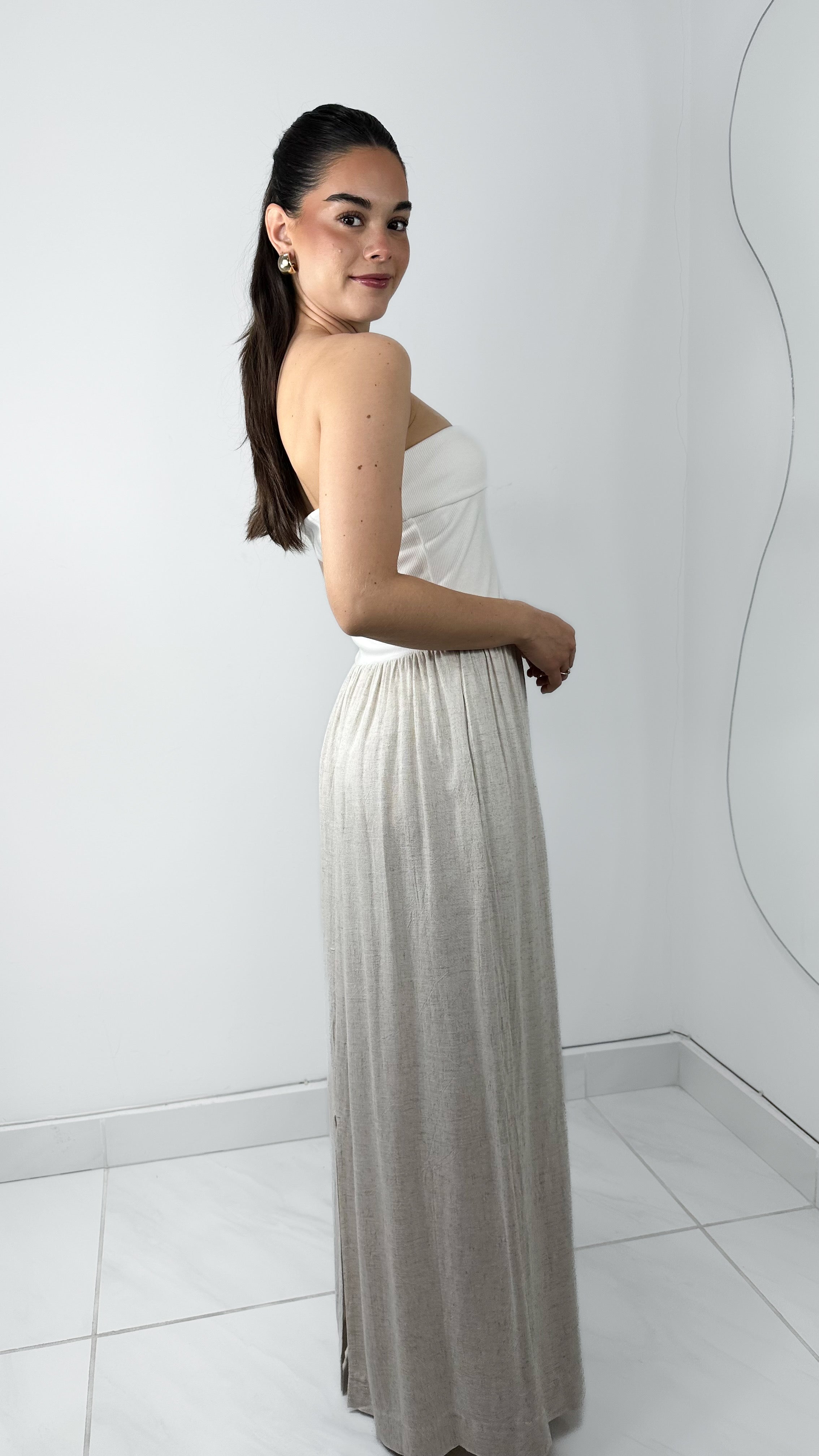 VESTIDO LARGO STRAPLESS IVORY & CREAM