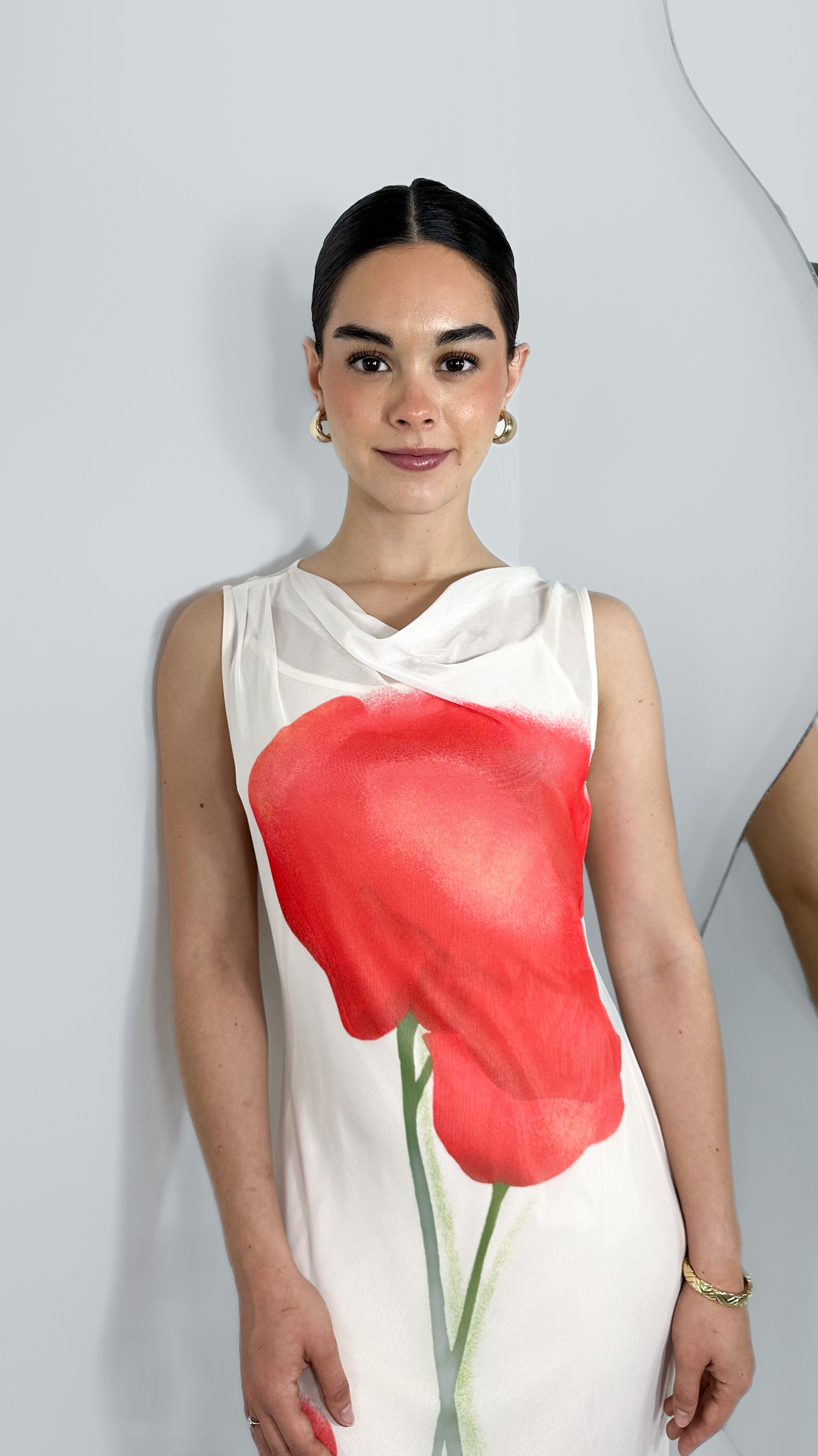 VESTIDO MESH LARGO EFECTO FLOR CON FORRO IVORY