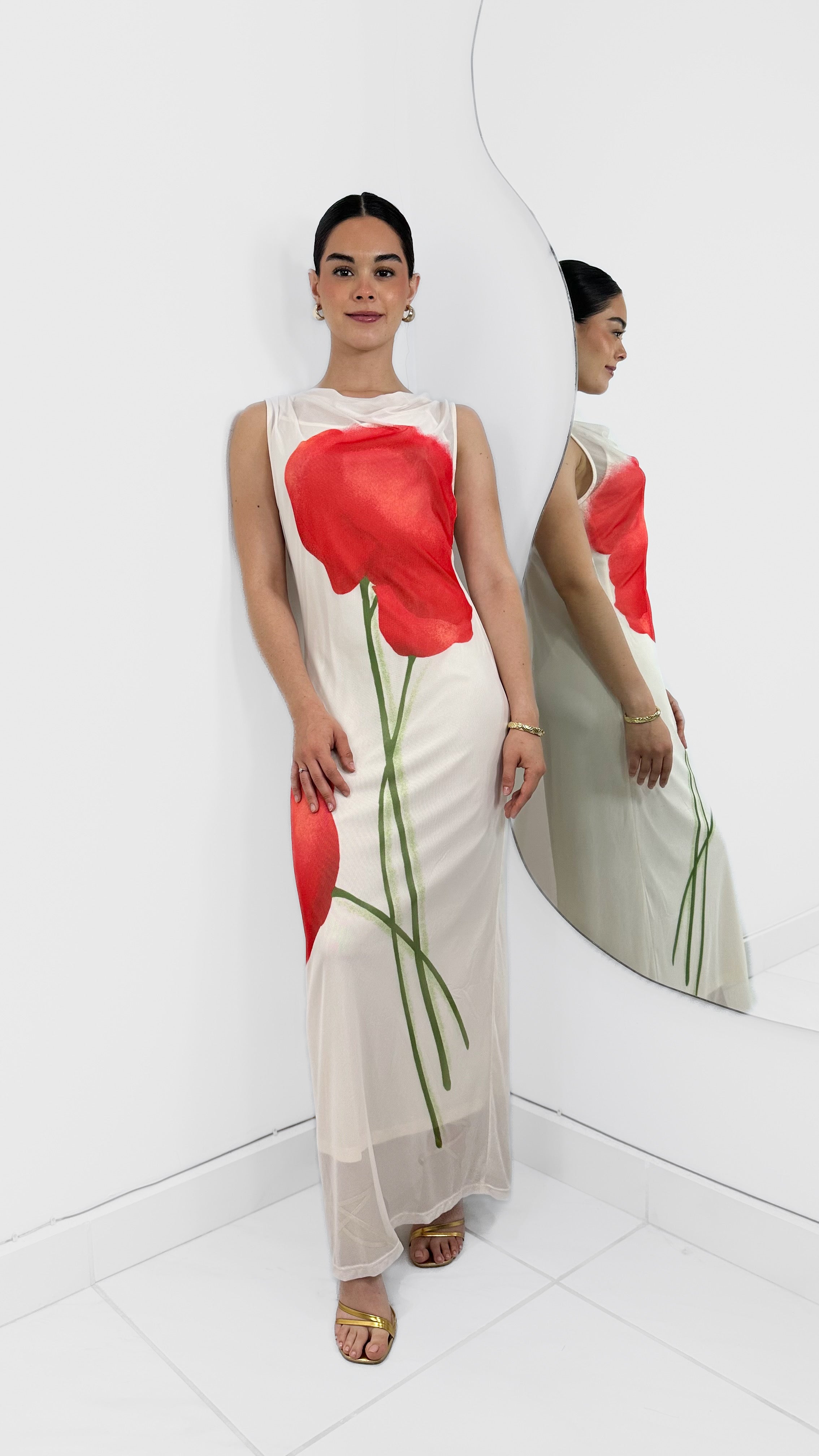 VESTIDO MESH LARGO EFECTO FLOR CON FORRO IVORY
