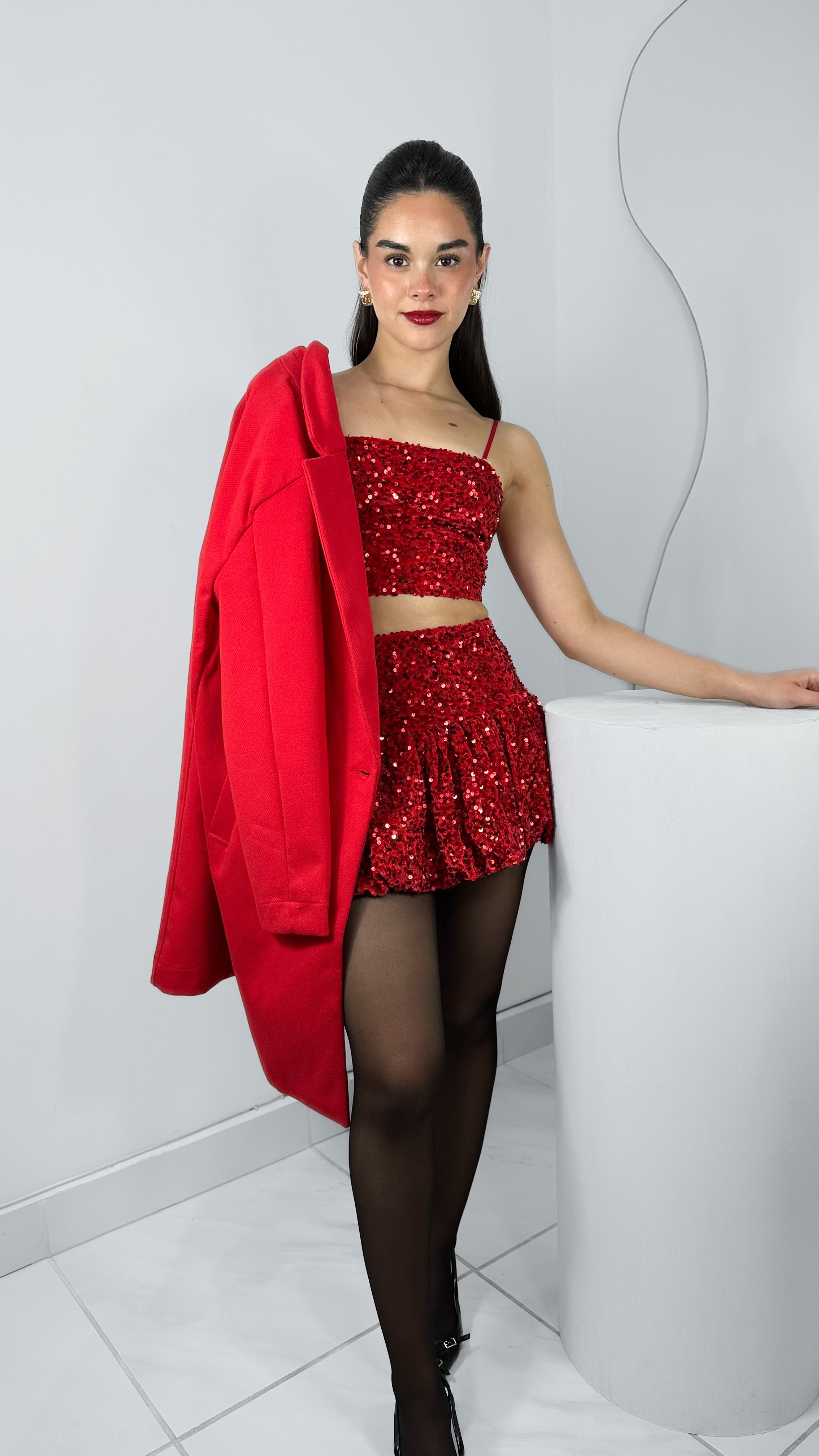 CONJUNTO RED SEQUIN TOP & SKIRT