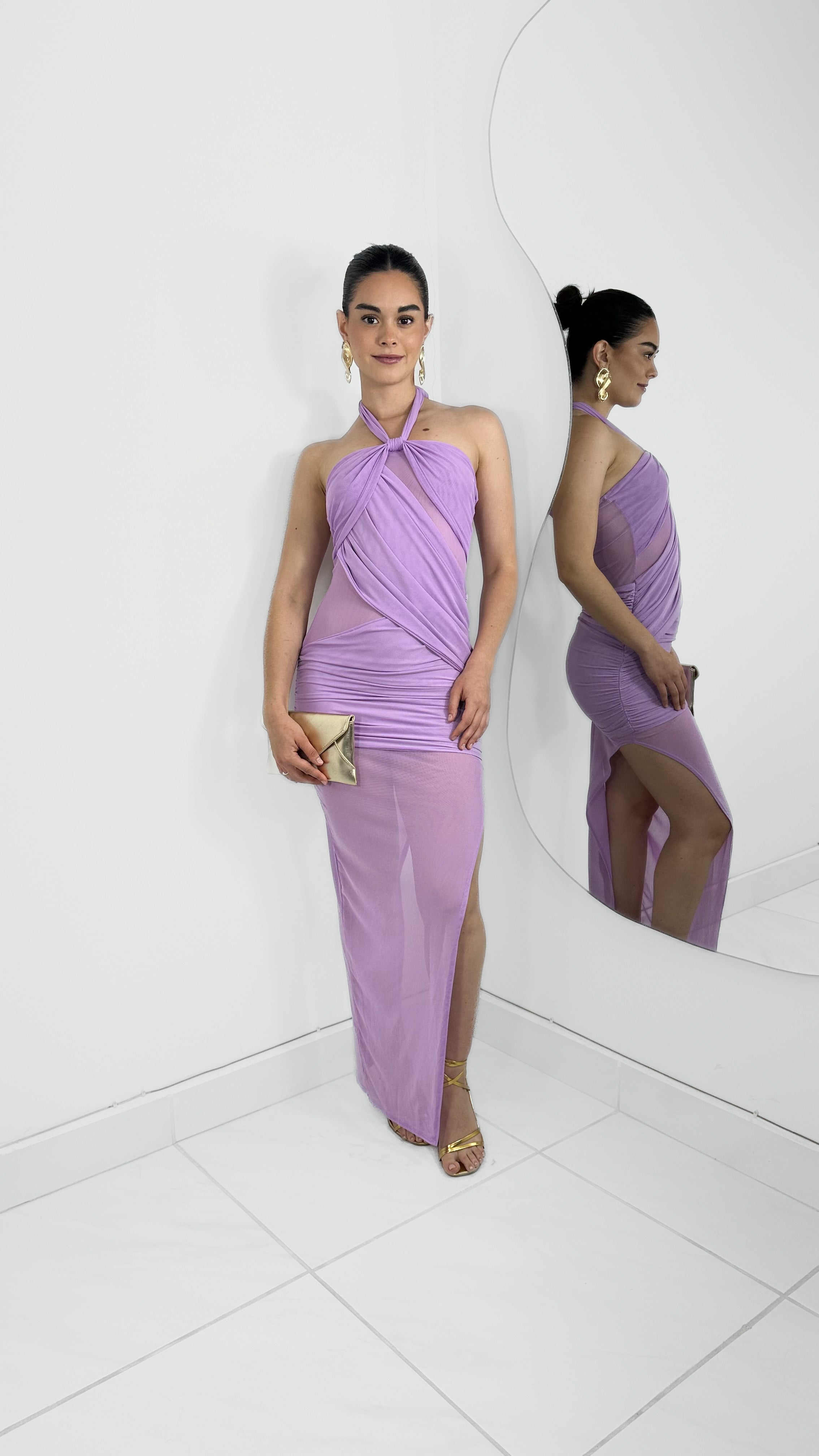 VESTIDO MIDI HALTER MESH DRAPEADO LAVANDA