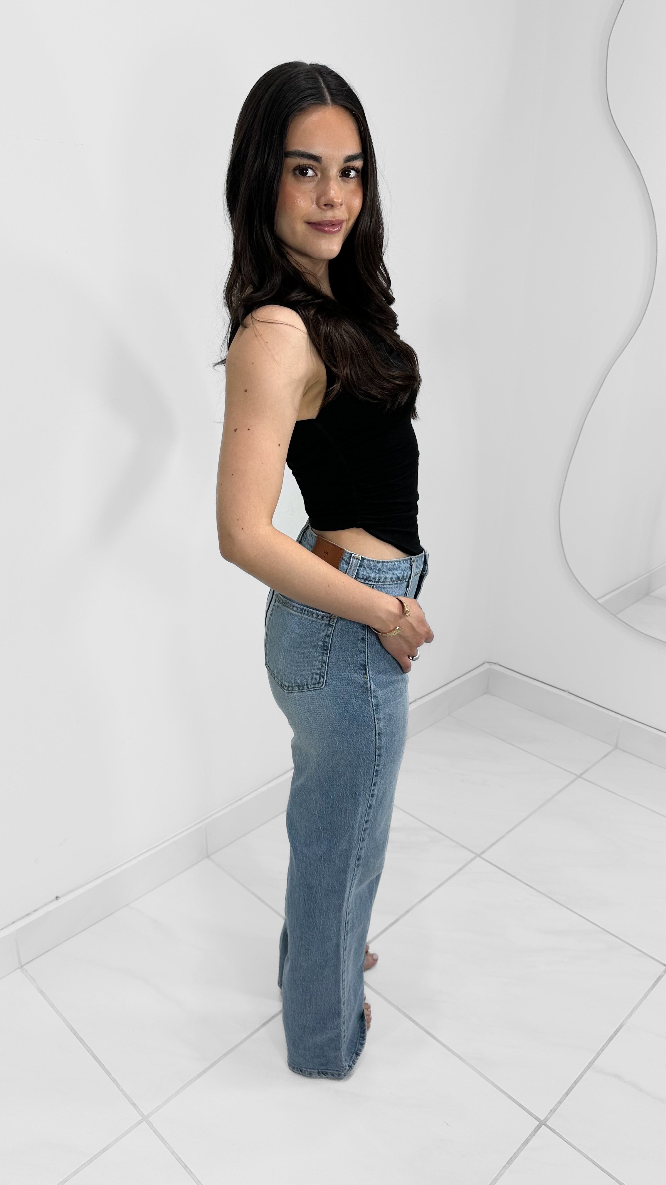 PANTALÓN DENIM JEANS RECTOS TIRO ALTO AZUL CLARO