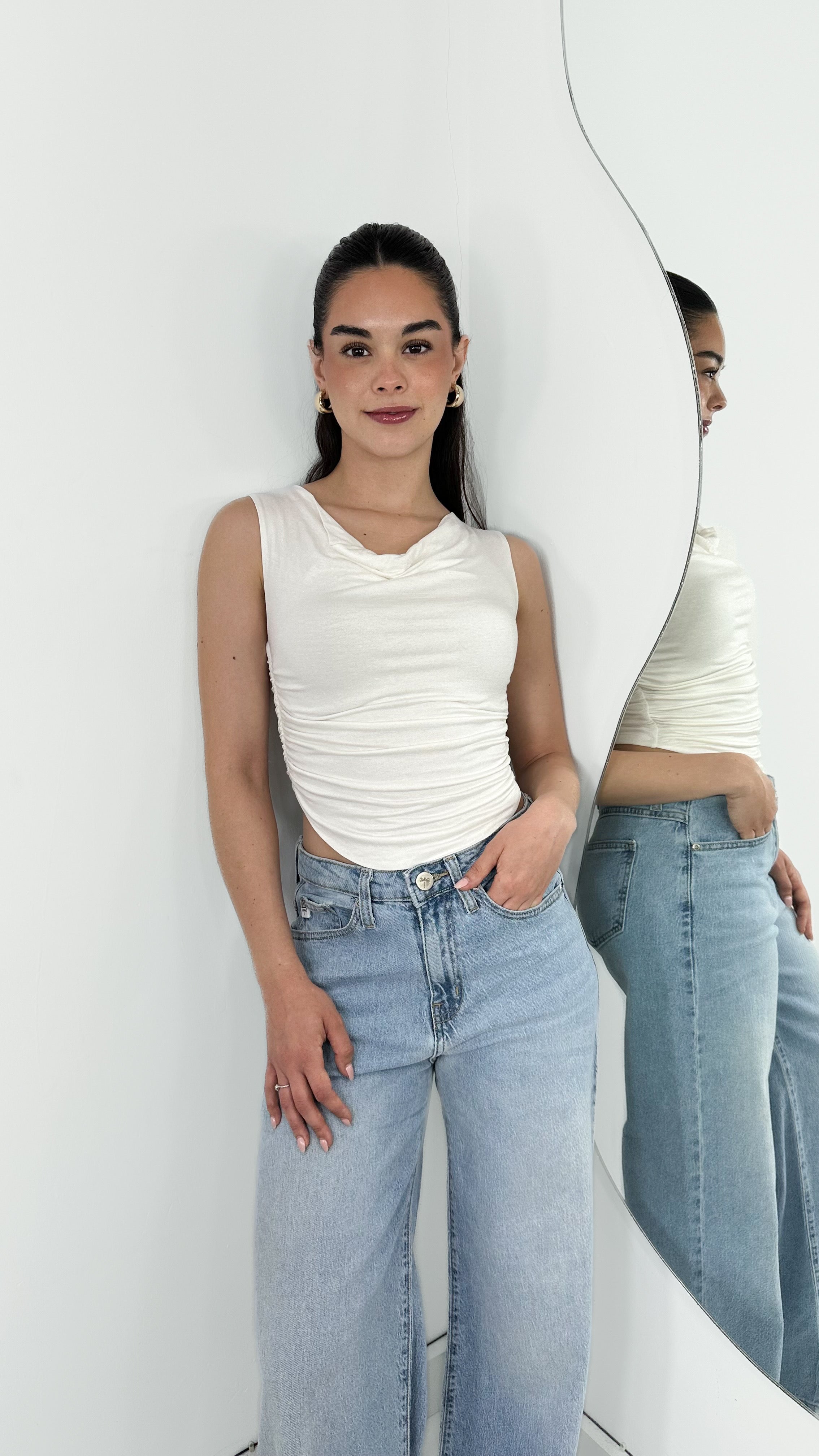 BLUSA DRAPEADA DOBLE TELA TIRANTE GRUESO BLANCA