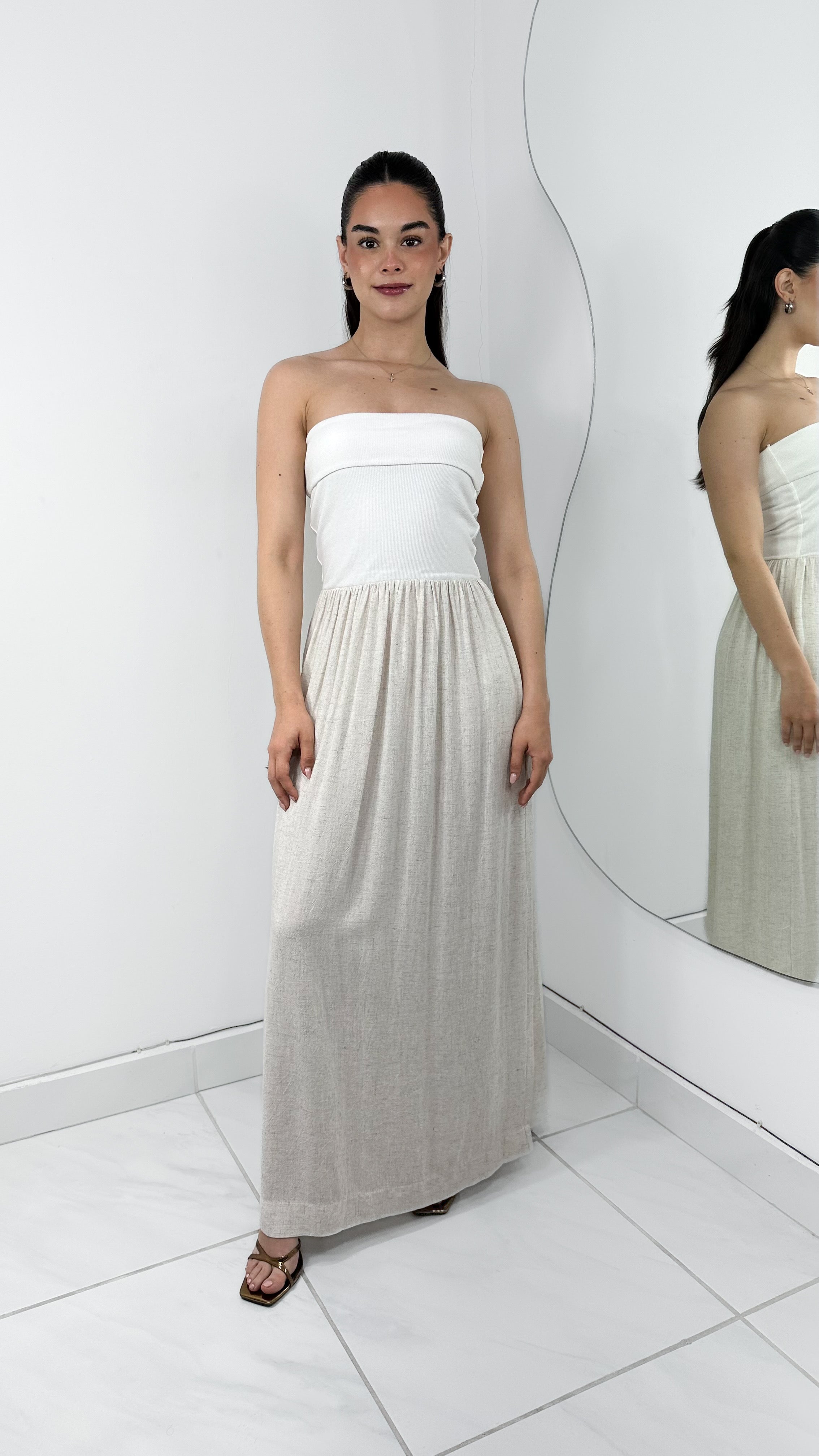 VESTIDO LARGO STRAPLESS IVORY & CREAM