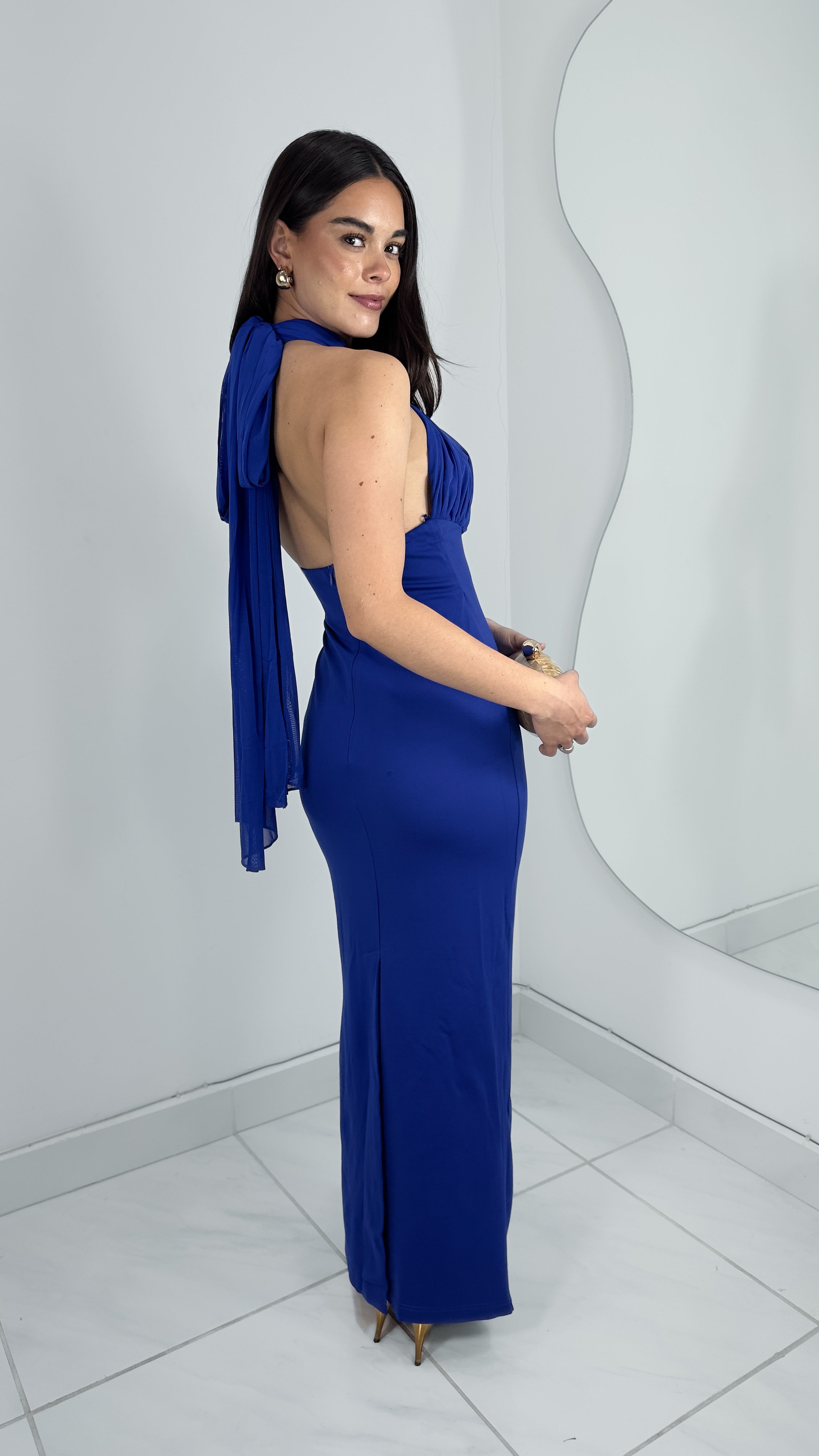 VESTIDO LARGO HALTER CRUZADO MESH AZUL ROYAL