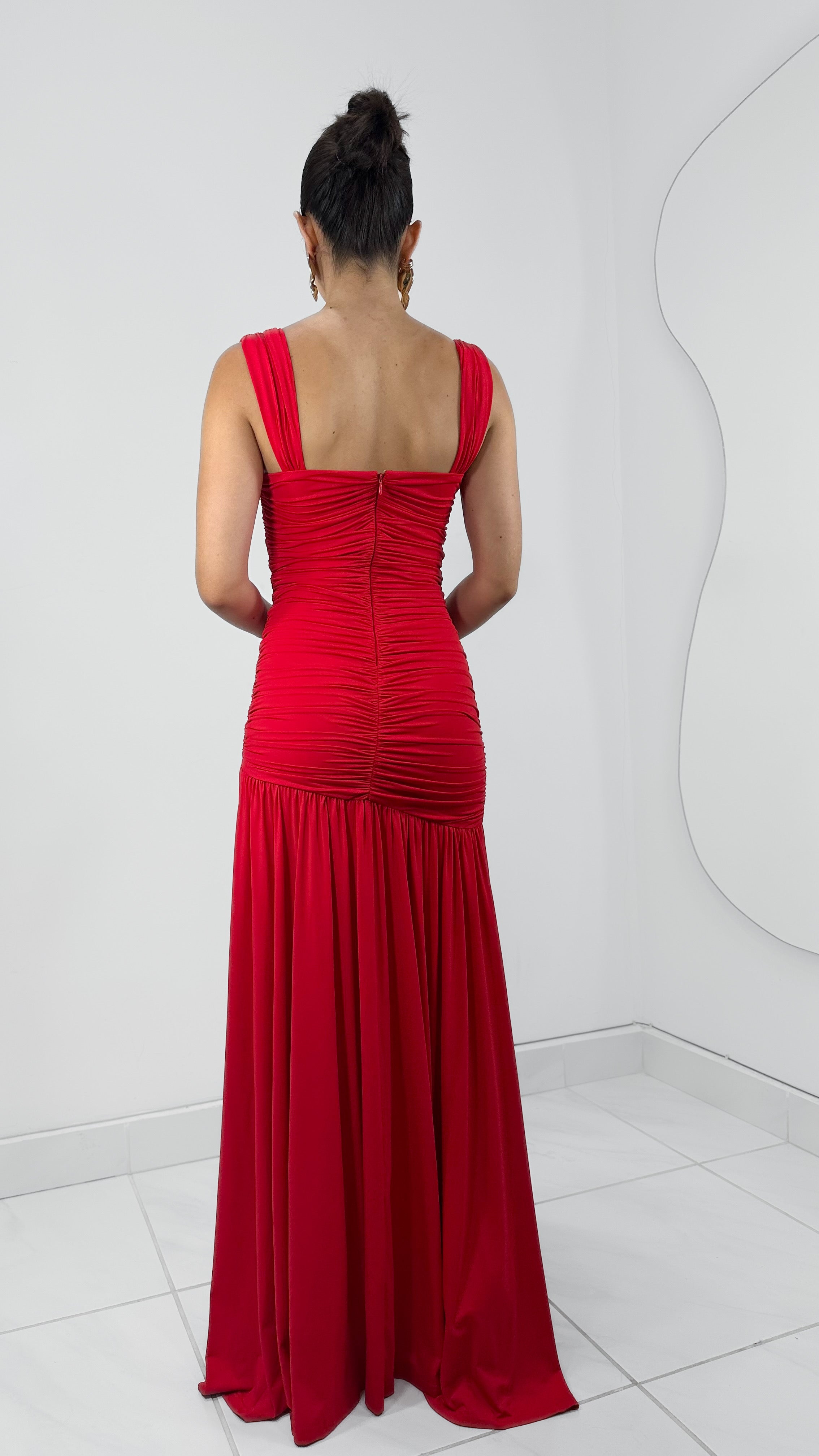 VESTIDO LARGO DOBLE TELA DRAPEADO TIRANTES ROJO