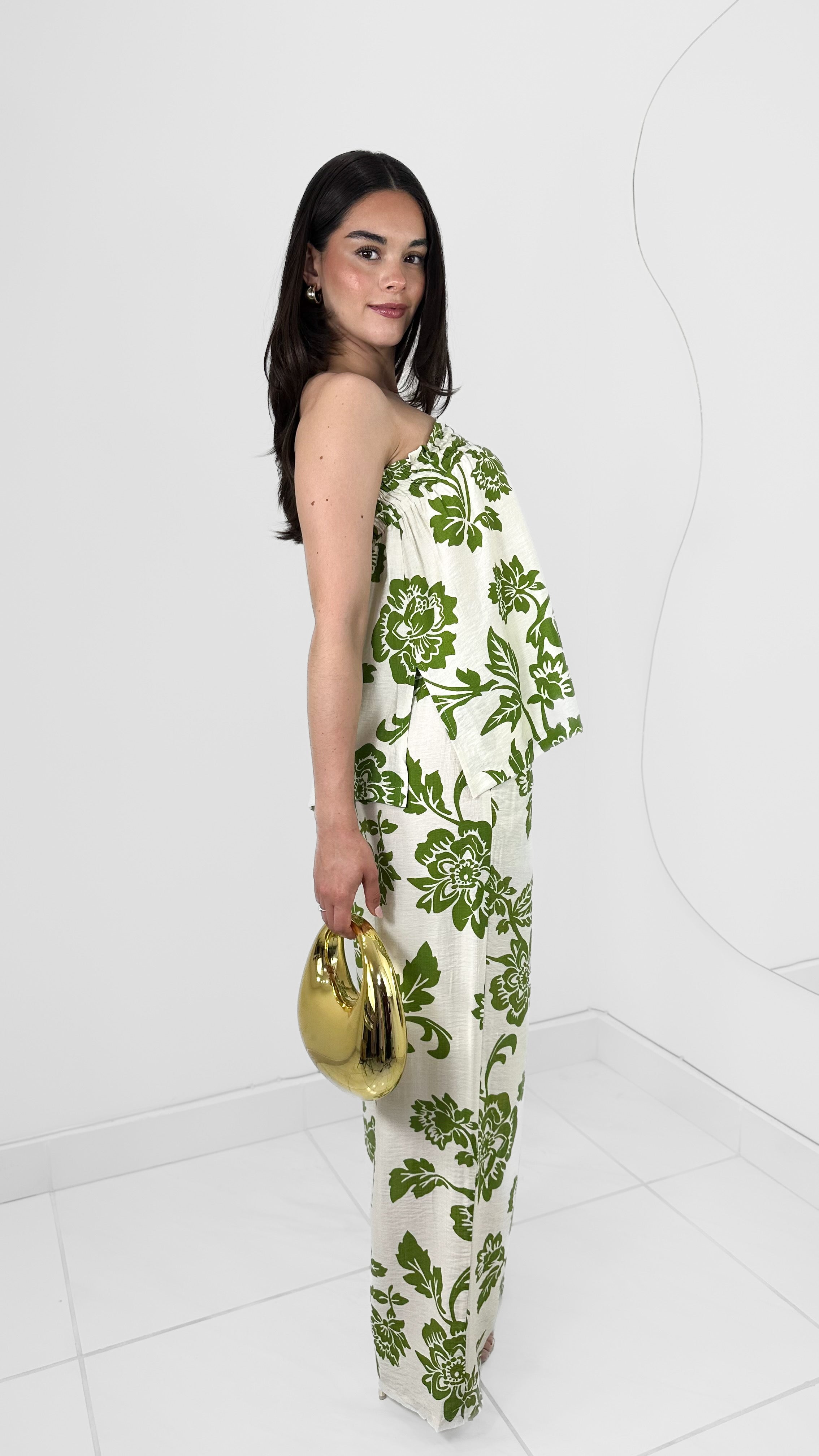 CONJUNTO WIDE LEG & BLUSA STRAPLESS FLOREADA VERDE