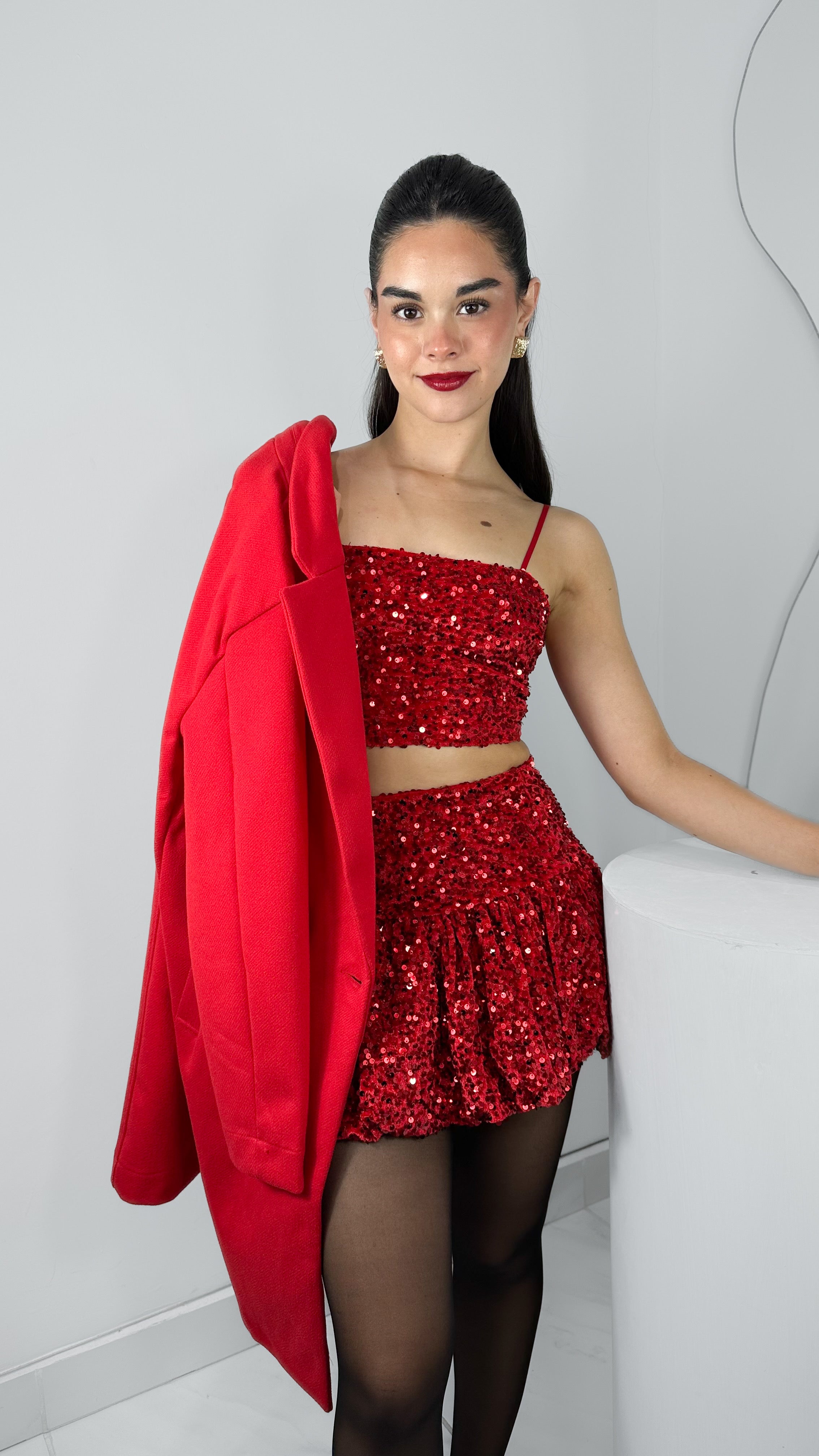 CONJUNTO RED SEQUIN TOP & SKIRT