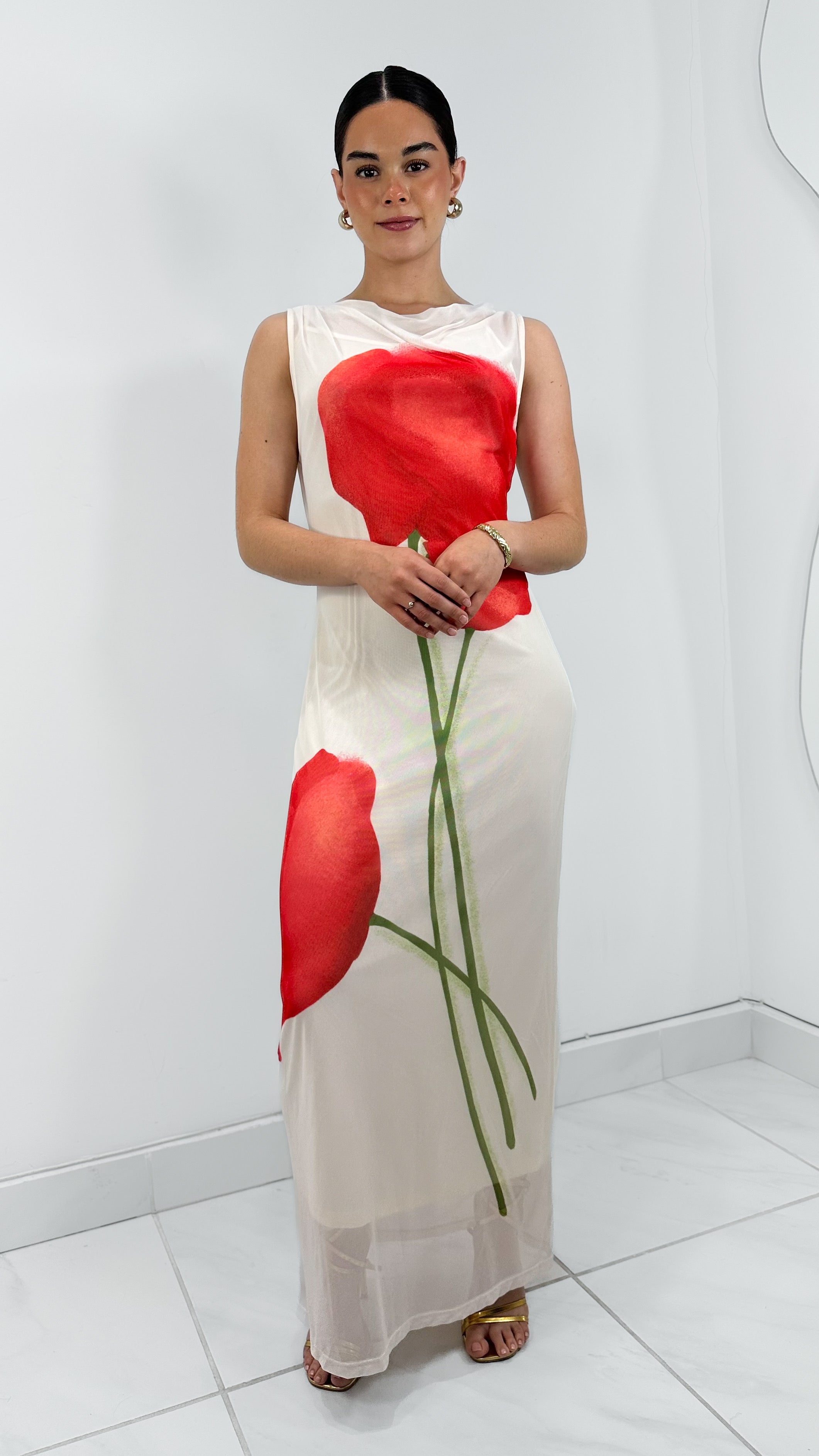VESTIDO MESH LARGO EFECTO FLOR CON FORRO IVORY