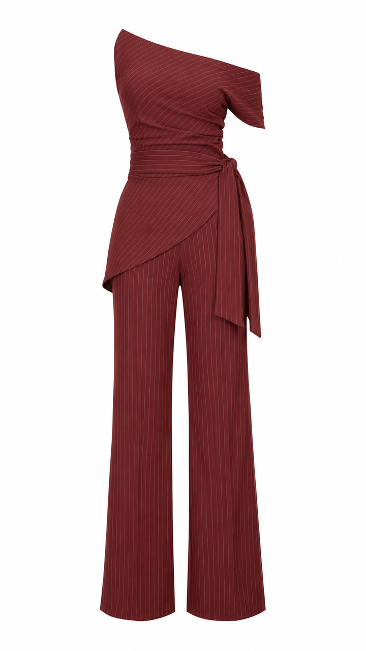 OFF SHOULDER WINE STRIPPED SET