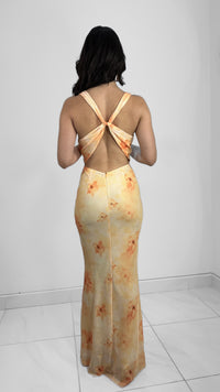 VESTIDO LARGO DRAPEADO MESH NARANJA FLOREADO