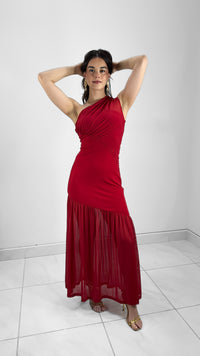 VESTIDO LARGO MESH DE UN HOMBRO ROJO