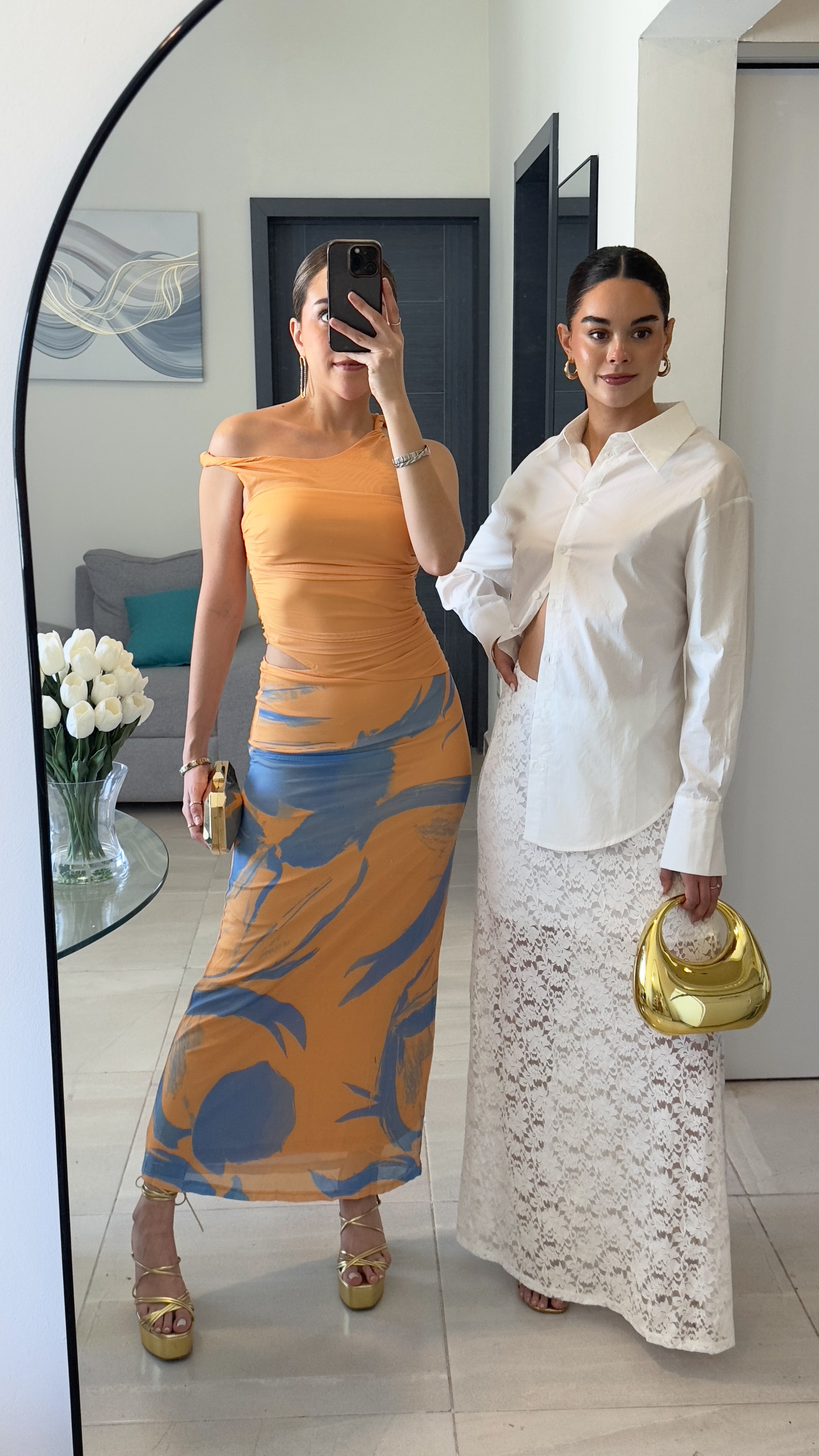 VESTIDO MIDI MESH DRAPEADO NARANJA EFECTO FLOR