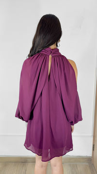 VESTIDO CORTO MANGA LARGA CHIFFON MAGENTA