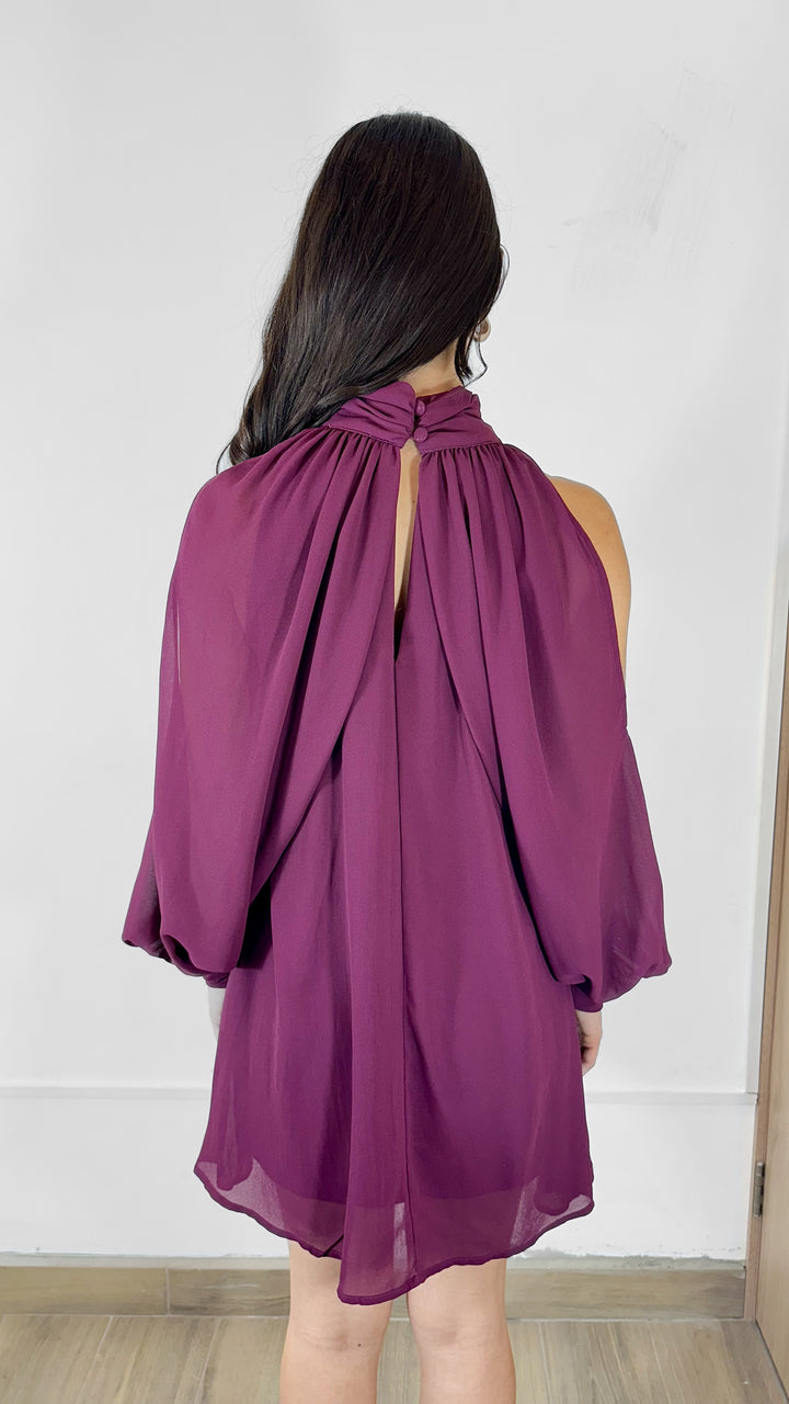 VESTIDO CORTO MANGA LARGA CHIFFON MAGENTA