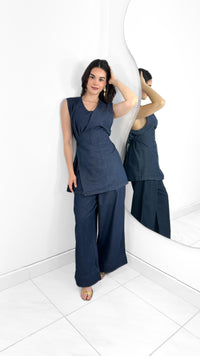 BLUSA DENIM CRUZADA LAZO ESPALDA DARK DENIM (SET)