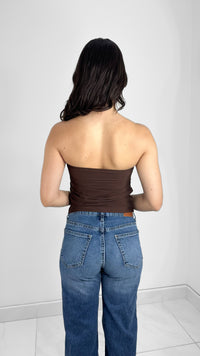 BLUSA MESH DRAPEADA STRAPLESS CAFÉ