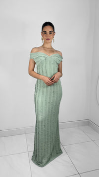 VESTIDO LARGO SIN HOMBROS VERDE MENTA TEXTURAS