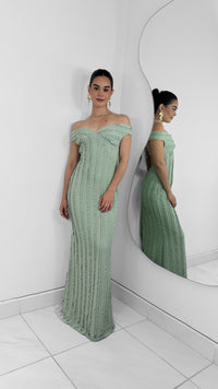 VESTIDO LARGO SIN HOMBROS VERDE MENTA TEXTURAS