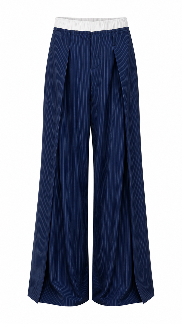 PANTALÓN FORMAL WIDE LEG NAVY DE RAYAS