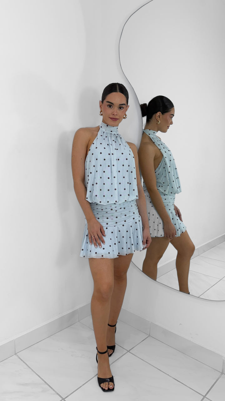 VESTIDO MINI POLKA DOT BABY BLUE Y CAFÉ