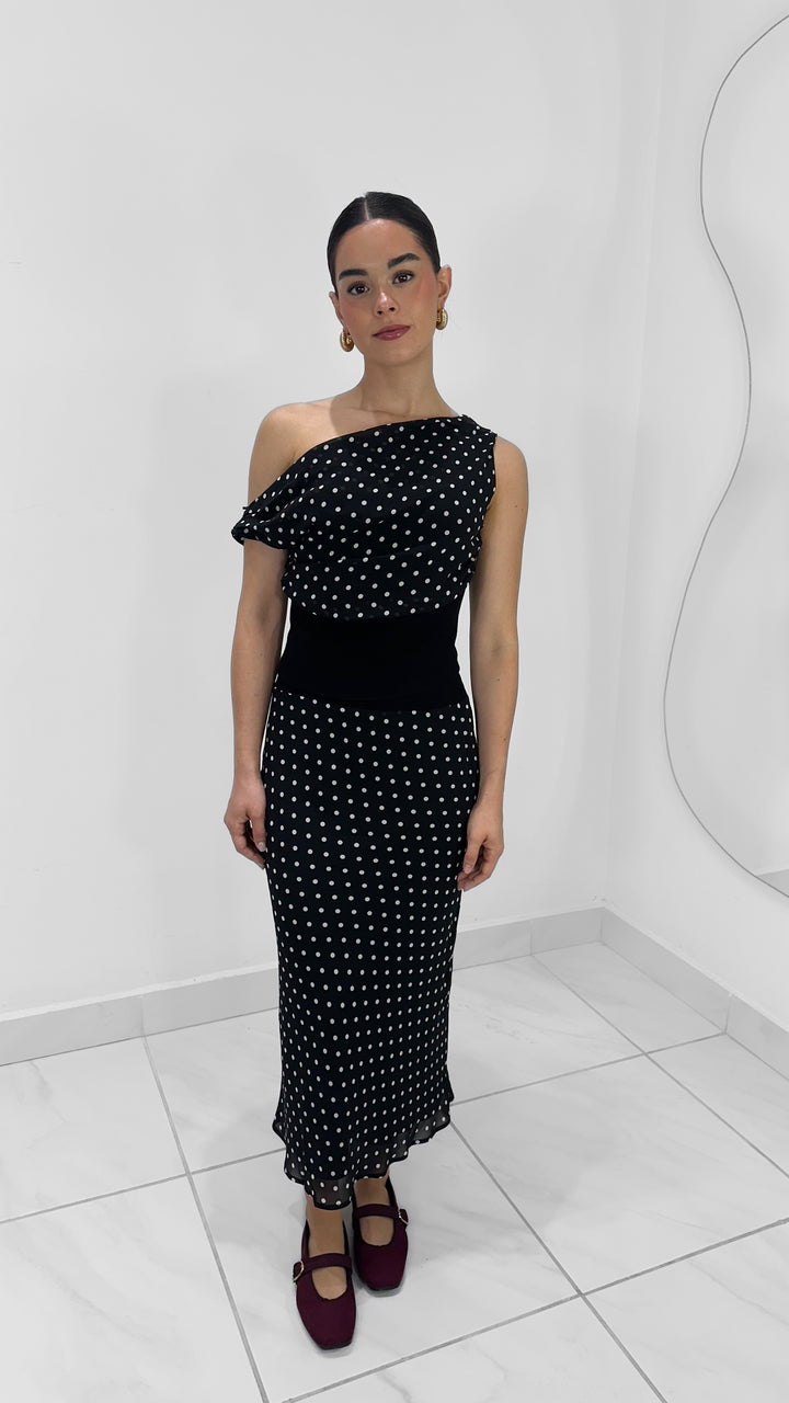 FALDA MIDI DE LUNARES NEGRA