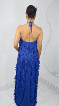 VESTIDO HALTER VOLANTES ABERTURA PIERNA ROYAL BLUE