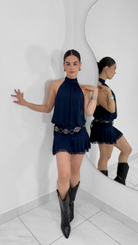 VESTIDO CORTO HALTER DRAPEADO NAVY
