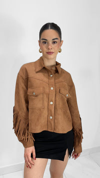 CHAQUETA CROP SUEDE ESTILO WESTERN CON FLECOS CAFE