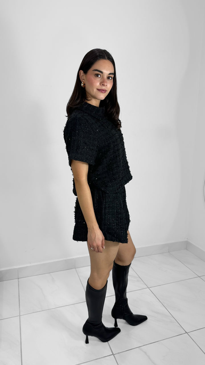 CONJUNTO TWEED TOP MANGA CORTA Y SHORTS