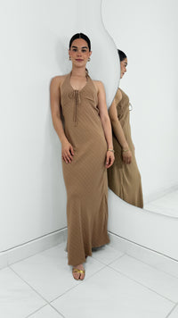 VESTIDO HALTER DE LINO RAYADO MOCHA