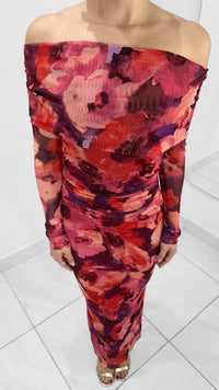 VESTIDO LARGO FLORAL MANGA LARGA OFF SHOULDER