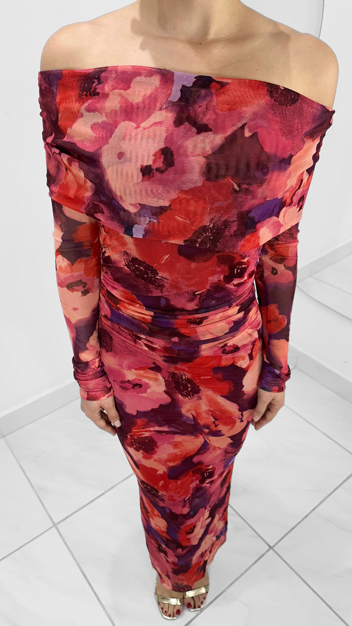 VESTIDO LARGO FLORAL MANGA LARGA OFF SHOULDER