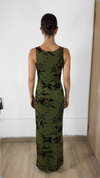 VESTIDO LARGO OLIVO CON CAFÉ
