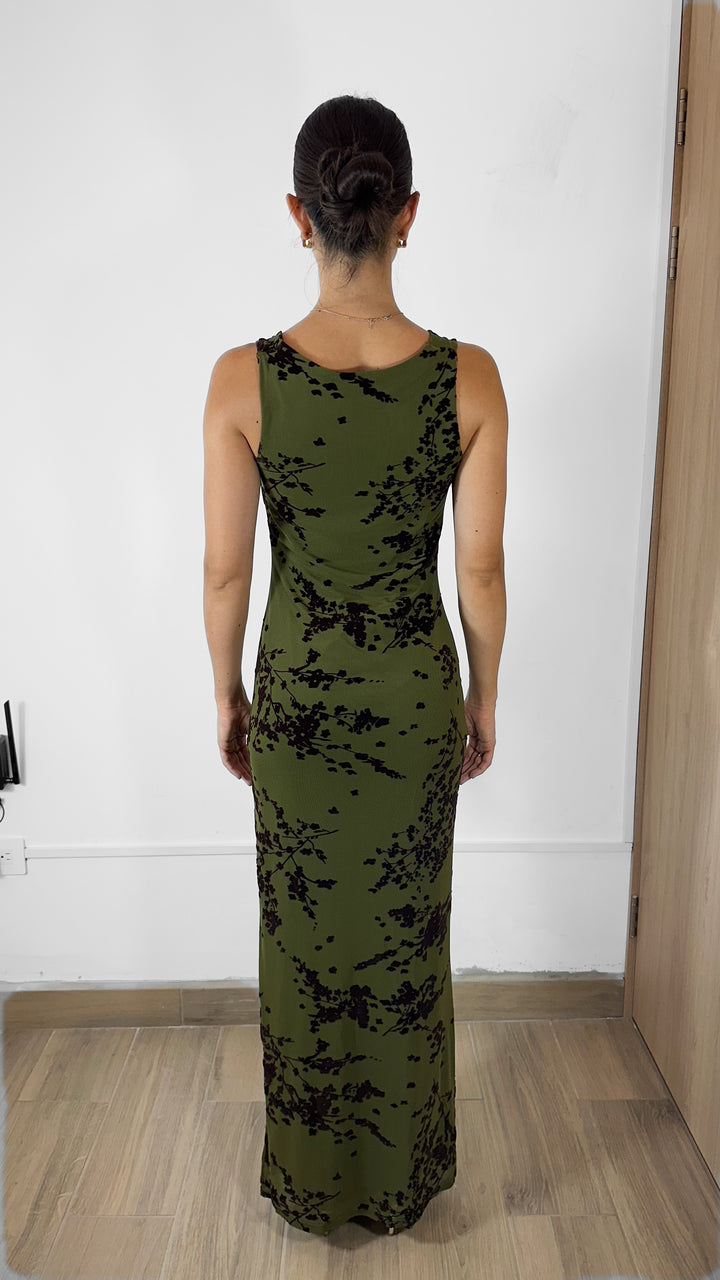 VESTIDO LARGO OLIVO CON CAFÉ