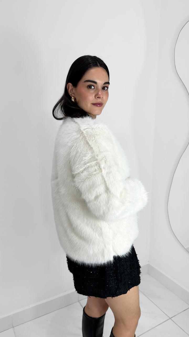 ABRIGO MANGA LARGA DE PELUCHE SINTÉTICO BLANCO