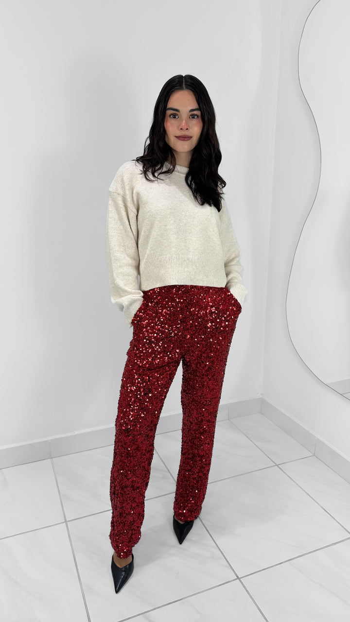 PANTALON RECTO DE LENTEJUELAS ROJO