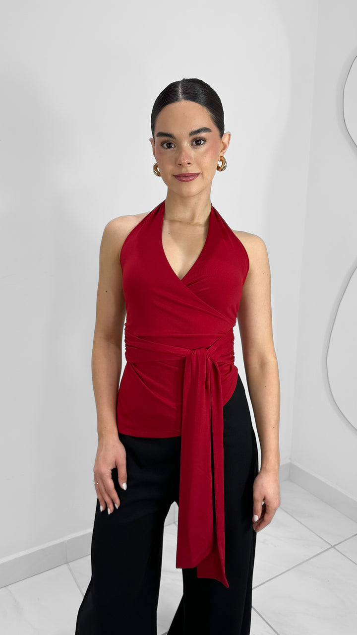BLUSA HALTER ROJA CON NUDO EN CINTURA
