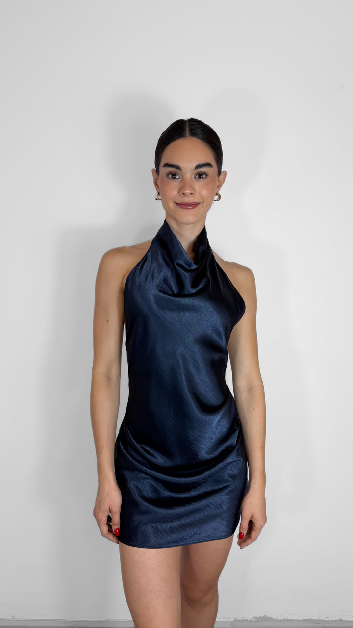 VESTIDO HALTER SATIN NAVY SIN ESPALDA