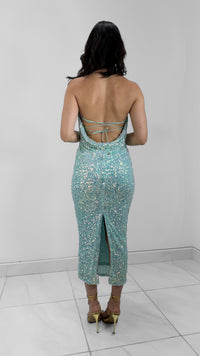 VESTIDO MIDI STRAPLESS LENTEJUELA AZUL CLARITO