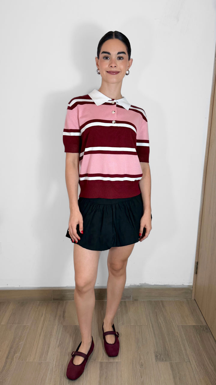 T-SHIRT STRIPPED CUELLO V ROSA