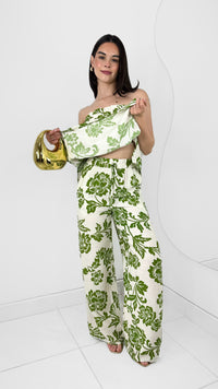 CONJUNTO WIDE LEG & BLUSA STRAPLESS FLOREADA VERDE