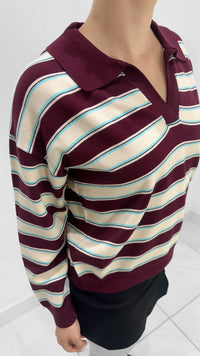 SUÉTER DE RAYAS VINO CON MENTA CUELLO V