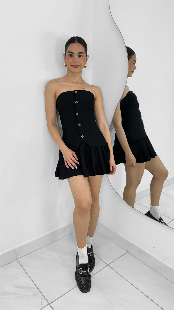 VESTIDO STRAPLESS NEGRO CON BOTONES