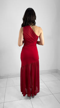 VESTIDO LARGO MESH DE UN HOMBRO ROJO