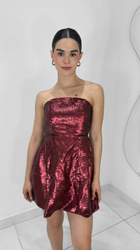 VESTIDO ROJO STRAPLESS DE LENTEJUELAS
