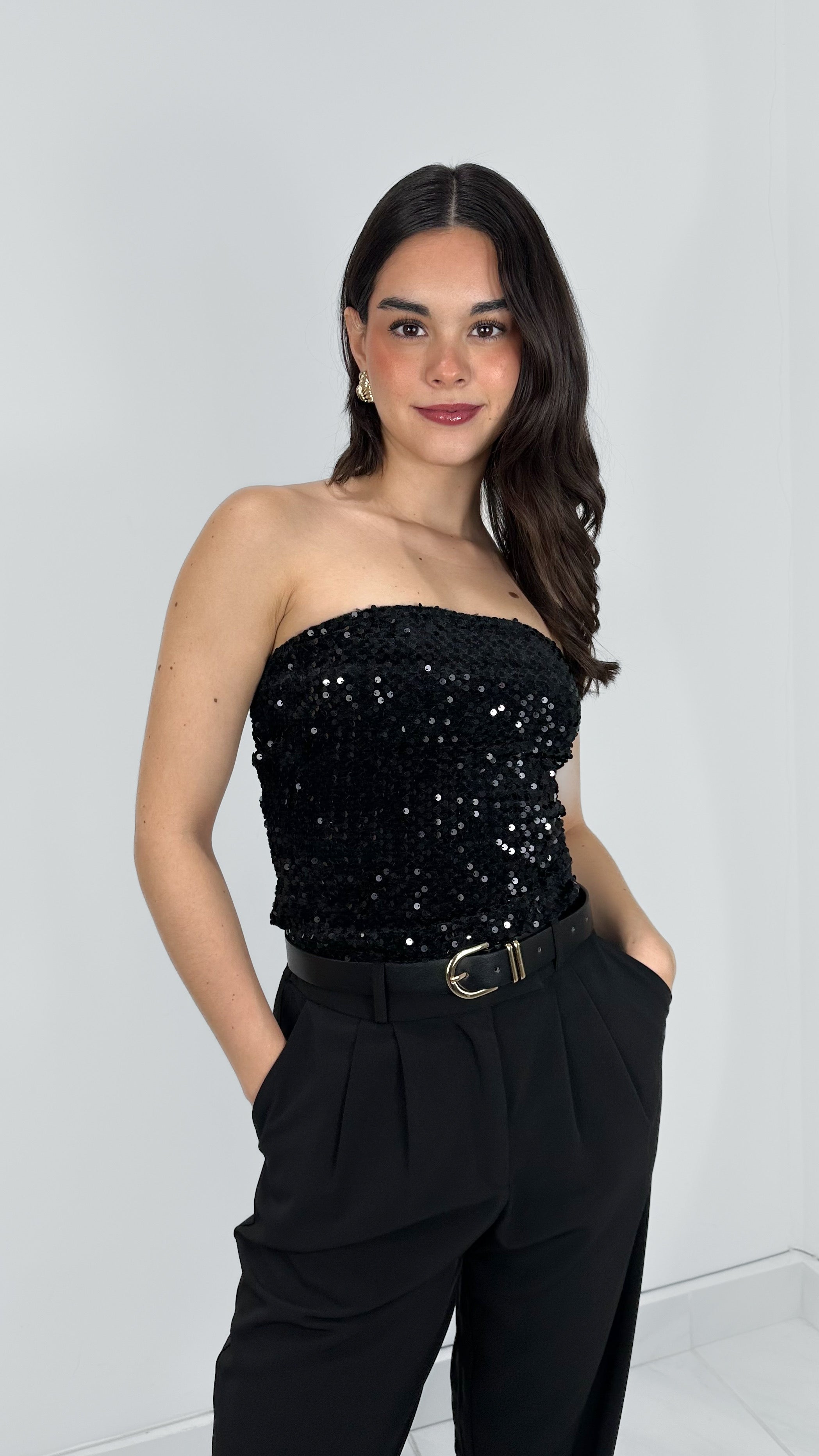 BLUSA STRAPLESS BLACK SEQUIN
